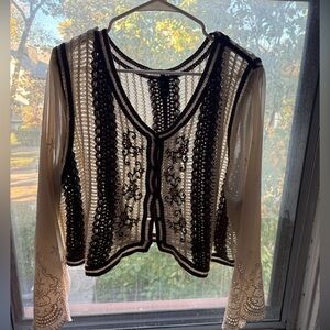 Crochet Lace Cardigan with Embroidered Sleeves